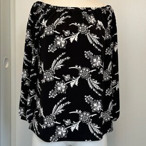 ANN TAYLOR Black & White Floral Print Pleated Off Shoulder Blouse